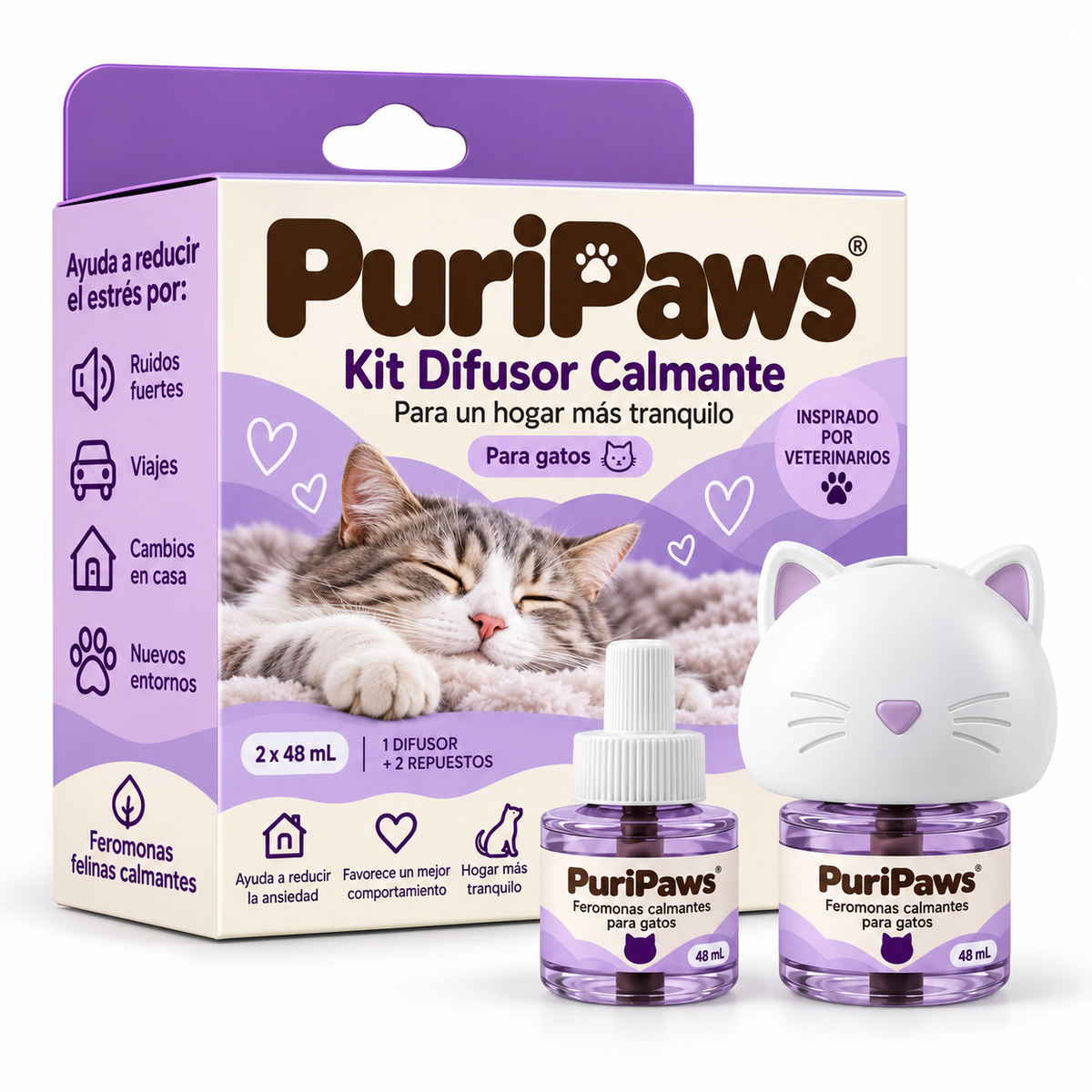 PuriPaws para gatos packaging morado, 1 difusor y 2 recambios